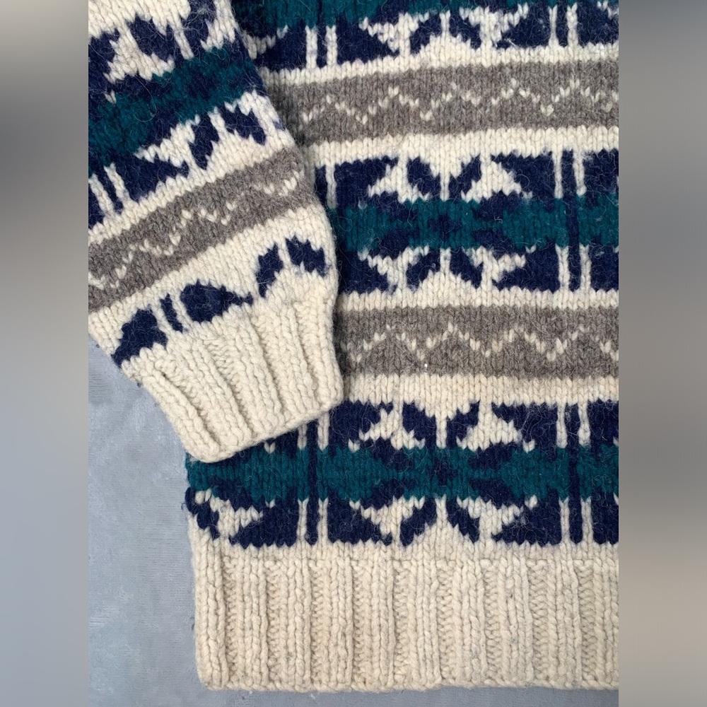 Men's Cream and Navy Patterned Crewneck Sweater - Picture 8 of 11